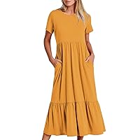 Prime Deals of The Day Lightning Deals Women Crewneck Neck Dress Short Sleeve Summer Dresses Tiered Ruffle Swing T-Shirt Dress Casual Mid-Calf Sundress Dresses Yellow