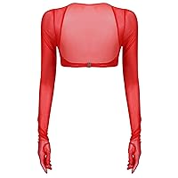 FEESHOW Women Mesh Sheer Open Front Long Sleeves Gloves Tops Sun Protection Crop Top Clubwear Red X-Large