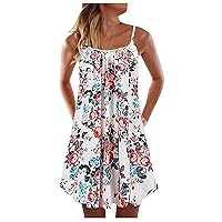 New Women's Summer Dresses 2024 Beach Casual Sleeveless Floral Print Boho Tank Dress V Neck Loose Sundress with Pocket