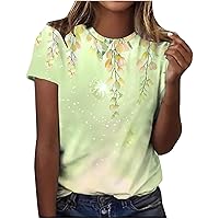 Womens Summer Tops Floral Print Round Neck Short Sleeve Cute Tshirts Causal Loose Fit Comfy Basic Beach Tee Tops