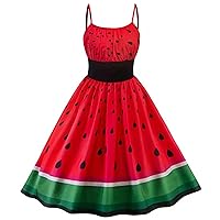 Women's Sleeveless Sling V-Neck Adjustable Vintage Umbrella Skirt Watermelon Print Christmas Theme Dress