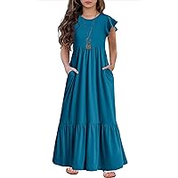 HOSIKA Girls Summer Ruffle Short Sleeve Crew Neck Loose Casual Flowy Tiered Maxi Dress with Pockets for 6-12 Y