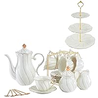 DUJUST Luxury Porcelain 3-Tier Cupcake Stand Tower,22 pcs White Porcelain Tea Set for 6,Luxury British Style Tea
