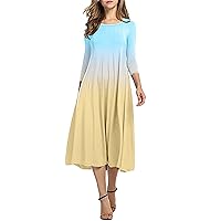 Women's 3/4 Sleeve A-line and Flare Midi Long Dress Pullover Loose Swing Casual Dresses