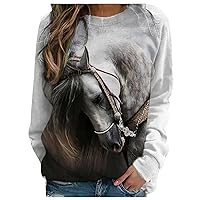Long Sleeve Tee Shirts for Women Cute Horse Graphic Crewneck Sweatshirt Casual Pullover Tunic Tops Blouses for Horse Lover