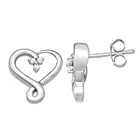 Mother's Day Gift For Her 0.05 Carat Total Weight(CTTW) 3 Stone Heart Shape Natural Diamond Stud earrings in Rhodium Plated 925 Sterling Silver - Solitaire Look, Gift for Women/Girls