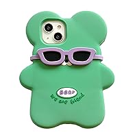 Kawaii Phone Cases Apply to iPhone 15 Pro Max,Cute Cartoon Green Bear with Sunglasses Phone Case 4D Funny Case for Women Girls Soft Silicone Shockproof Cover for iPhone 15 Pro Max