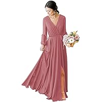 V-Neck Bridesmaid Dresses Long Chiffon Formal Evening Ball Gowns with Long Sleeves for Women R008