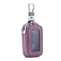 PORRASSO Key Case Genuine Leather Car Key Bag Double Layer Key Zipper Pouch  Portable Car Smart Key Chain for Men Women Purple