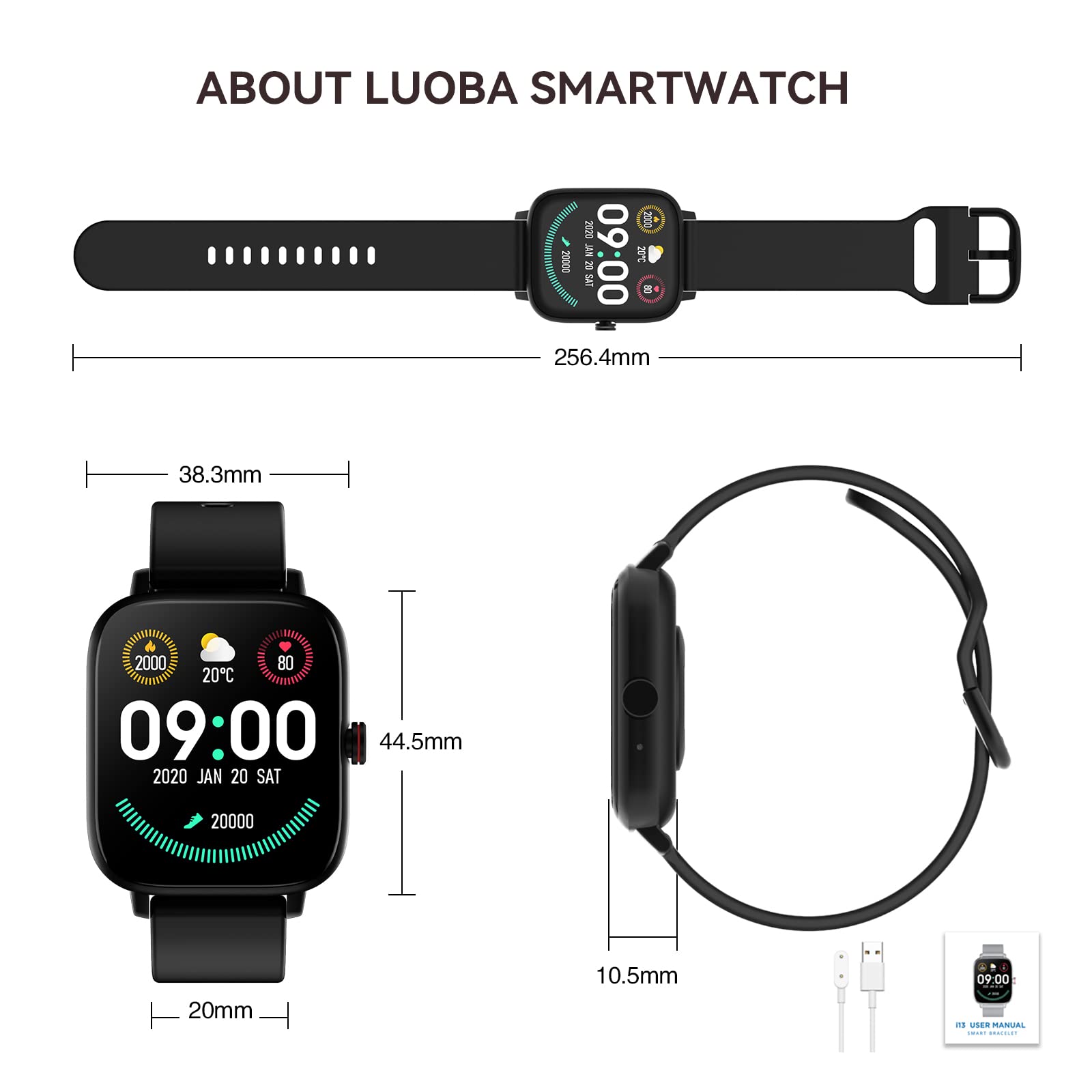 Smart Watch, Luoba 1.69'' Full Touch Answer/Make Call Android Smartwatch for Women Men Fitness Tracker with Heart Rate Sleep Monitor Calorie Step Counter Fitness Watch Compatible Android iOS (Black)