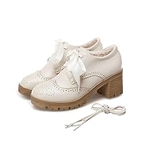 Women's Platform Lace up Brogues Oxford Shoes Comfort Wingtip Closed Toe Mid Chunky Heel Dress Pumps