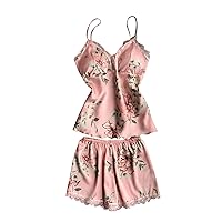 Floral Sexy Pajamas Set Women Sling Camisole Lace Trim Shorts 2 Piece Pjs Outfits Soft Satin Sleepwear Lingerie