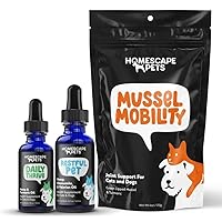 Homescape Pets 3-Piece Health Bundle - Daily Thrive Oil for Immune Health and Energy + Restful Pet Oil for Anxiety & Stress + Mussel Mobility Powder for Hip & Joint Health, Arthritis