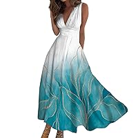 Dresses for Women 2024 Wedding Guest Summer Deep V Neck Print Pattern Maxi Dress Casual Sleeveless Smocked Waist Long Dress