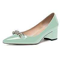WAYDERNS Women's Pointed Toe Metal Chain Decoration Slip On Patent Chunky Low Heel Pumps Shoes 2 Inch