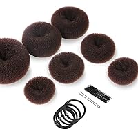 Dark Brown Donut Hair Bun Maker 7Pcs Set, Ring Style Bun Maker with Hair Bun Makers 4Different Size - 1 extra-large, 2 large, 2 medium and 2 small & 5Pcs Hair Elastic Bands with 20Pcs Hair Pins