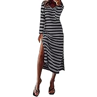 Women's Summer Maxi Dress Casual Short Sleeve 2024 Solid/Striped V Neck Split Beach Long Dresses S-5XL