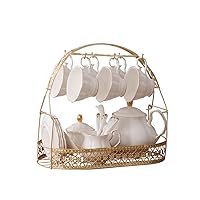 ufengke 15 Pieces Simple White English Ceramic Tea Sets,Tea Pot,Bone China Cups with Metal Holder Matching Spoons,Afternoon Tea Set Service Coffee Set