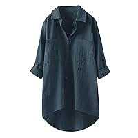 Women's Summer Casual Linen Cotton Tops Long Sleeve Solid Color Gauze 2024 Shirts 3/4 Sleeve Loose Fit Button Down