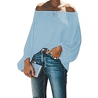 Womens Summer Off The Shoulder Blouse Casual Lantern Sleeves Loose Fit Solid Color Cotton Tunic Shirts Top