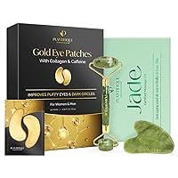 PLANTIFIQUE Jade Roller for Face Gua Sha Facial Tools and Gold Under Eye Patches for Puffy Eyes and Dark Circles 20 Pairs Under Eye Masks for Dark Circles and Puffiness Eye