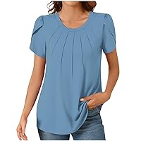 Summer Tops for Women 2024 Trendy Pleated Dressy Casual Blouse Fashion Crew Neck Tunic Tops Petal Sleeves Work Shirt