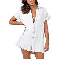 Women Rompers 2024 Summer Loose V Neck Button Down Shorts Romper Dressy Jumpsuits Playsuit