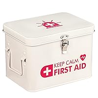 First Aid Box, Keep Calm First Aid Medicine Storage Bin with Lid, Vintage Metal First Aid Organizer Empty Box for Home Emergency Tool Set, Latch Closure, Removable Tray and Side Handles