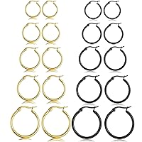 5-10 Pairs Gold Black Hoop Earrings for Women, Small Stainless Steel Hypoallergenic Earrings Set Mens Girls Lightweight Nickel Free Cartilage Earing