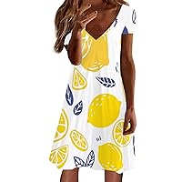 Spring Dress for Women,Women's New Flower Fruit Print V Neck Short Sleeved Slim Mid Length Dress Casual Skirt o