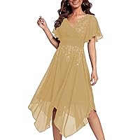 Women's Ruffle Sleeve Knee Length V Neck Embroidery Ruched Chiffon Formal Party Dress