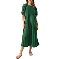Short Puff Sleeve Dresses for Women Fall Summer Crewneck Maxi Long Beach Hawaiian Ruched Dresses Women 2024