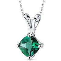 PEORA Solid 14K White Gold Created Emerald Pendant for Women, Classic Solitaire, Hypoallergenic Cushion Cut, 6mm