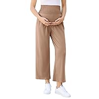 Maternity Pants Women's Smocked High Waisted Double Breasted Wide Leg Long Trousers Pregnancy Loose Lounge Sweatpants