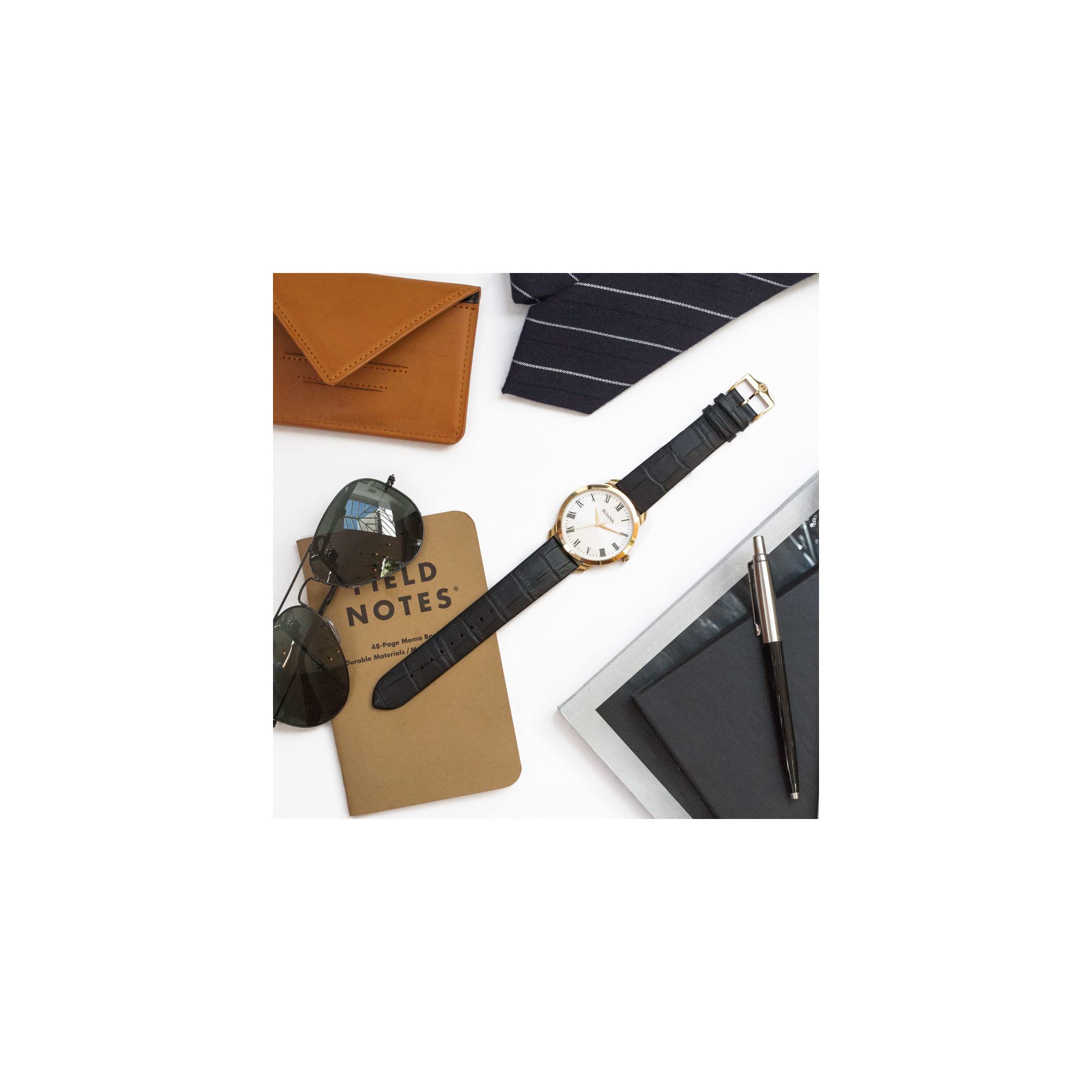 Bulova Men's Classic 3-Hand Quartz Black Leather Strap Watch, Roman Numeral Markers, 41mm
