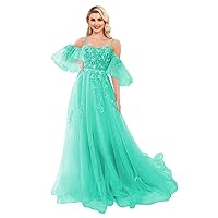 Off Shoulder Tulle Prom Dresses Lace Appliques Formal Dress Long Spaghetti Straps Ball Gown with Puffy Sleeve for Women