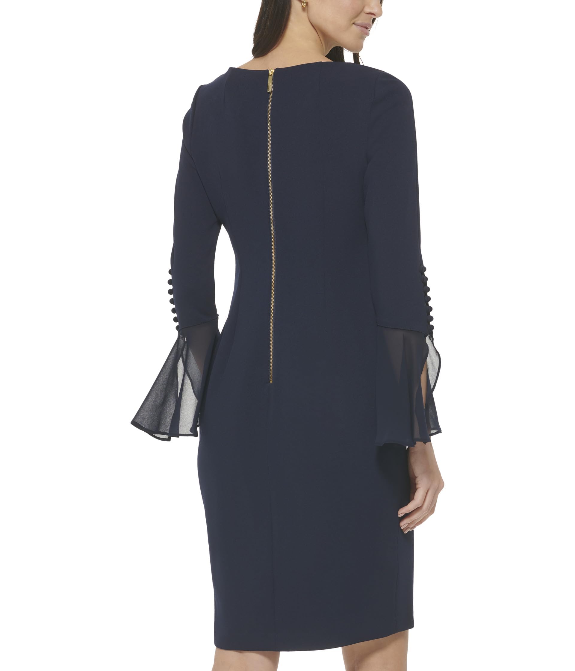 Calvin Klein Women's Scuba Crepe Dress with Chiffon Bell Sleeves
