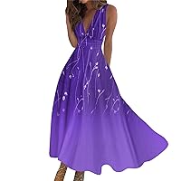 Plus Size Dresses for Curvy Women Pink Boho Long Maxi Dress Summer Sleeveless V Neck Boho Waist Retro Printed Dress