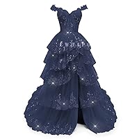CWOAPO Sequin Tiered Prom Dresses for Women Sweetheart Ball Gown Sparkly Lace Appliques Tulle Slit Wedding Dresses 2024