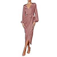 PRETTYGARDEN Women's Maxi Satin Dress Puff Sleeve Wrap V Neck Ruched Belted Long Formal Cocktail Dresses