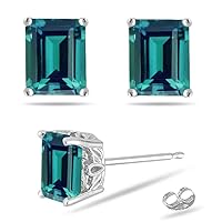 Lab Created Emerald Cut Alexandrite Scroll Stud Earrings in 14K White Gold Available in 6x4MM-9x7MM