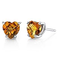 Peora Solid 14K White Gold Genuine Citrine Stud Earrings for Women, 1.50 Carats total Heart Shape 6mm, Friction Back