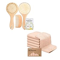Keababies Baby Hair Brush and Baby Comb Set and Baby Washcloths - Wooden Baby Brush with Soft Goat Bristle - Baby Towels and Washcloths