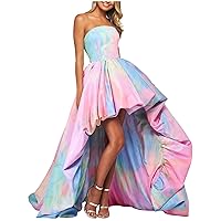 Women Strapless Hi-Lo Hem Satin Prom Dresses Lace-Up Waist-Defined Back Floor Length Sexy Formal Evening Gown Dress