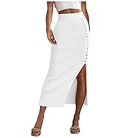 Womens Skirt with Slit Women's High Waist Slit Wrap Skirt Summer Trendy Button Split Skirts Office Work Midi Skirt Casual Mid Calf Skirts Swim Skirt Bottoms White