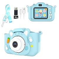 Kids Camera Toys, Upgraded 4800P Dual-Camera Children Digital Video Camcorder Camera with Soft Silicone Cover, Birthday Festival Gift for 3-8 Year Old Kids, 32G SD Card Included (Rabbit Blue)