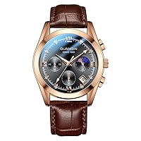 Men Sport Analog Stainless Steel Leather Band Wristwatch Dress Waterproof Calendar Moon Phase Multifunctional Quartz Wrist Watch Casual Fashion Clock