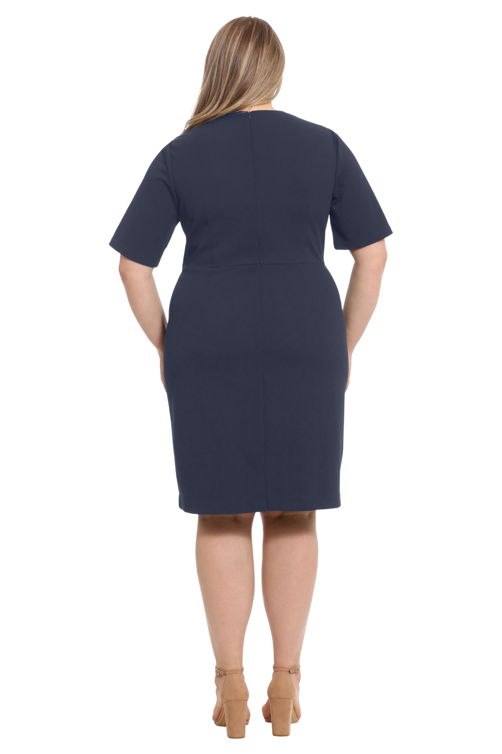 London Times Women's Short Sleeve Knee Length Crew Neck Button Side Career Polished Sheath Dress