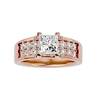 Certified 18K 1 pcs Princess Cut Moissanite Diamond (1.49 Carat) Ring in 4 Prong Setting, 18 pcs Round Cut Natural Diamond (0.72 Carat) With White/Yellow/Rose Gold Engagement Ring For Women, Girl