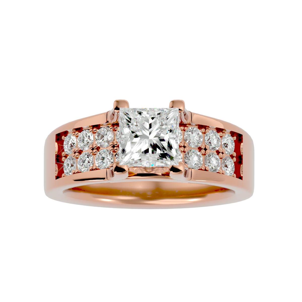 Certified 18K 1 pcs Princess Cut Moissanite Diamond (1.49 Carat) Ring in 4 Prong Setting, 18 pcs Round Cut Natural Diamond (0.72 Carat) With White/Yellow/Rose Gold Engagement Ring For Women, Girl